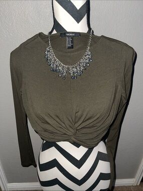 Forever 21 Olive Twisted Front Long Sleeve Crop Top